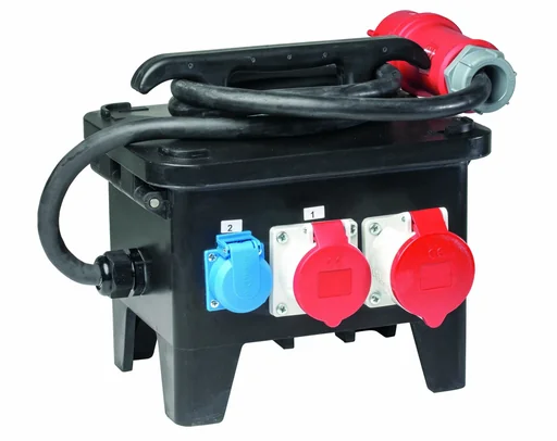 "Construction site power distributor M2 connection CEE 400V, 32A, 4 sockets 230V, 2+1 CEE sockets 400V image"