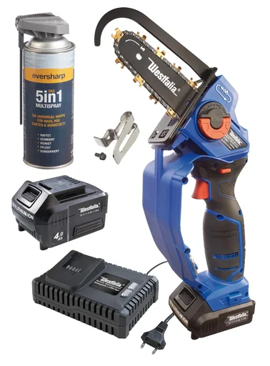"SET X-SAW Pro 4 Ah, cordless one-handed power saw with 18 V LI-ION battery 4 Ah + quick charger + belt clip and multi-spray image"