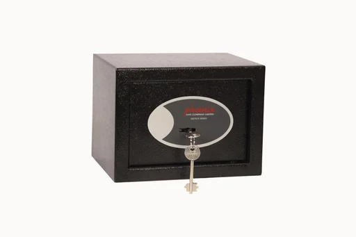 "Compact Home Office security safe with key lock, black image"
