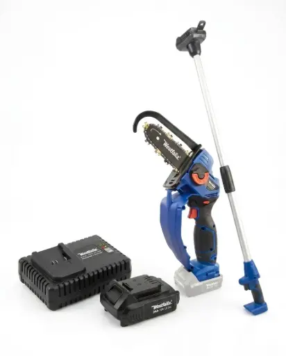"X-SAW Cordless Chain Saw with Extension, 2 Ah Battery and Quick Charger image"