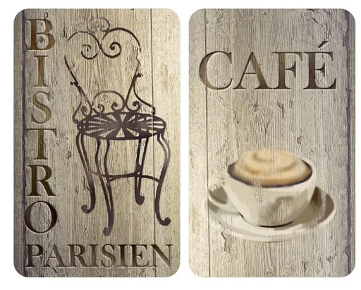 "3-in-1 hob cover plates, cutting boards, worktops, glass, bistro design, each 52 x 30 cm, set of 2 image"