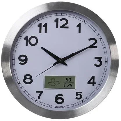 "Aluminum wall clock with LCD display and thermometer, hygrometer & weather forecast - Ø 35 cm image"