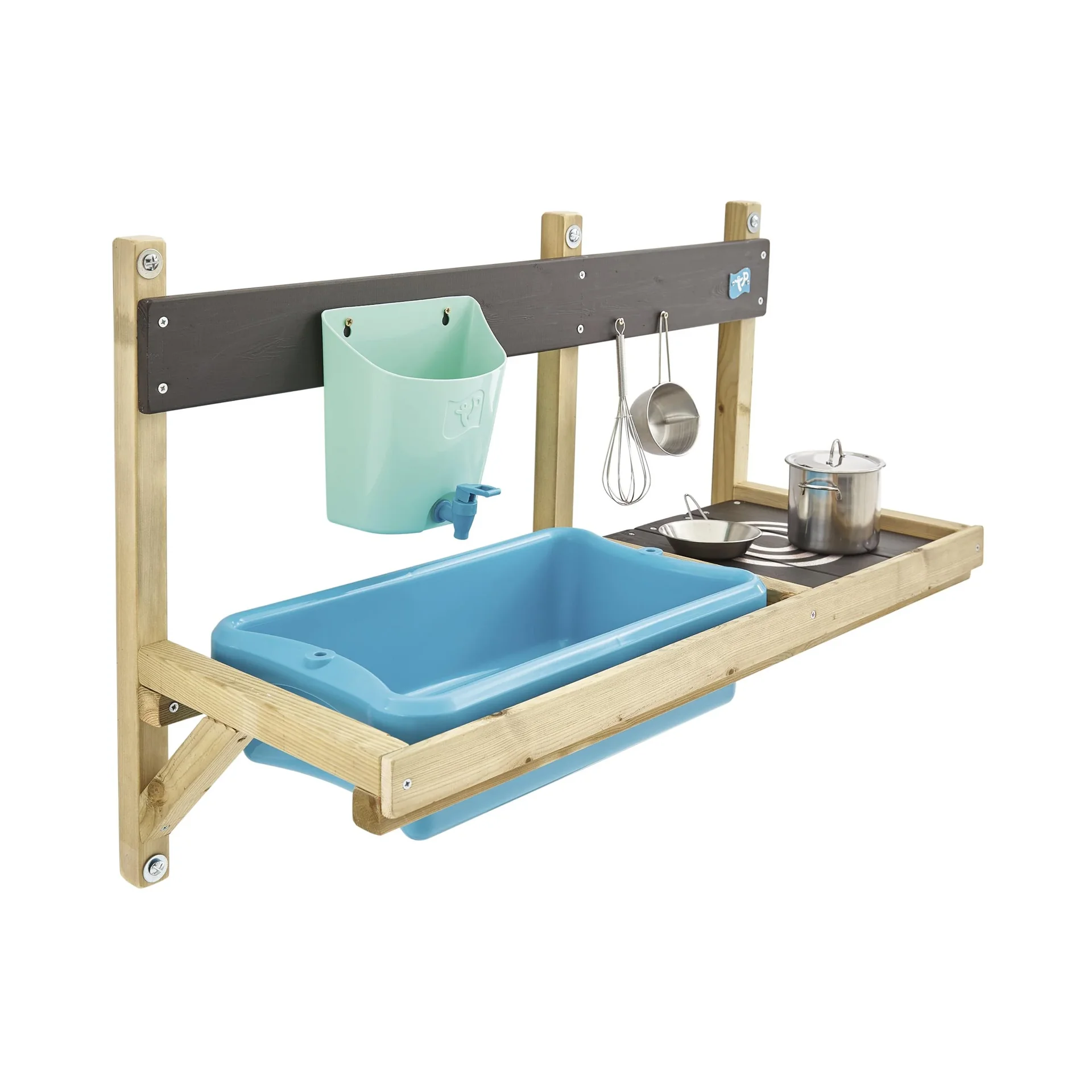 "Mud Kitchen Mops Deluxe Wall Module 81×36×56 cm Natural – Tap & Stainless Steel Pots image"