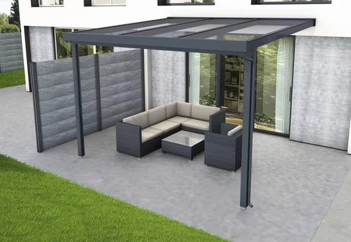 "Patio roof Premium, anthracite, 3094 x 3060 mm - Polycarbonate multi-wall sheets 16 mm, clear image"