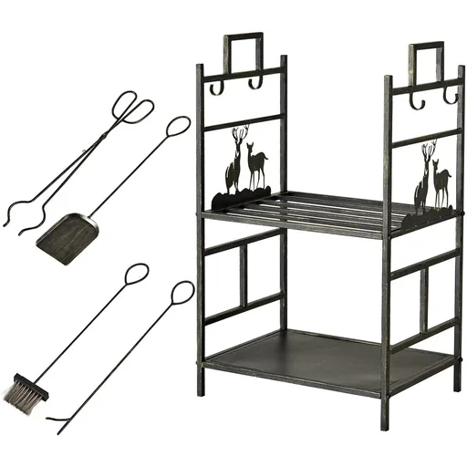 "Firewood stand with fireplace tools, firewood rack, firewood storage, fireplace tool, iron, gold, 51.5 x 33 x 77 cm image"