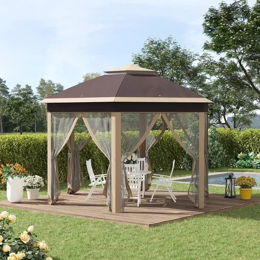 "Gazebo foldable garden tent - 4 x 4 m - incl. carrying bag - hexagonal - beige/khaki image"
