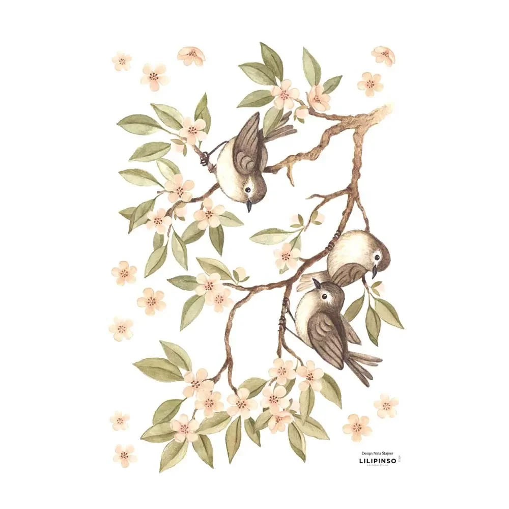 "Lilipinso Wall Sticker A3 Spatzen on branch green pink brown image"