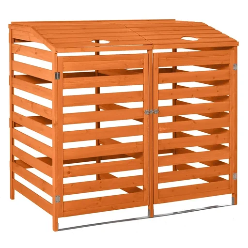 "Garbage can box Garbage can container with front doors Garbage can cover for two 240L bins Solid wood Orange 131L x 85W image"