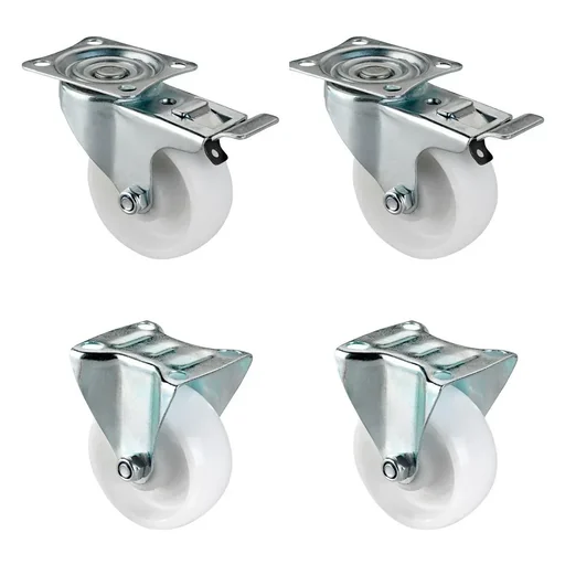 "ROFI transport castors, 4 pieces, Ø 75 mm, plate approx. 60 x 42 cm, 2 fixed and 2 swivel castors with brake, load capacity 60 kg / castor image"