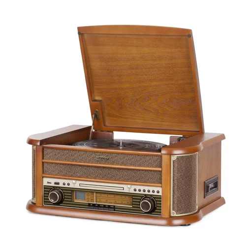 "Retro HiFi system with radio, record, CD, cassette player and encoding image"