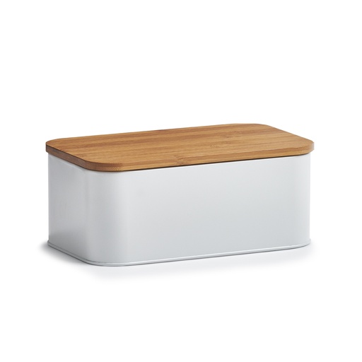 "Bread bin with bamboo lid, metal, matt white image"