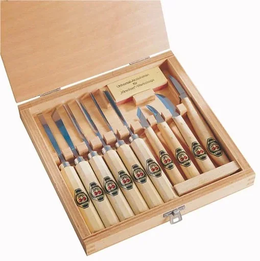"Carving set in a wooden box, 11 pieces. image"