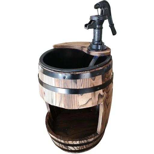 "Garden fountain, decorative fountain, waterfall, wooden barrel with plant pot, dark brown, 32 x 58.5 cm image"