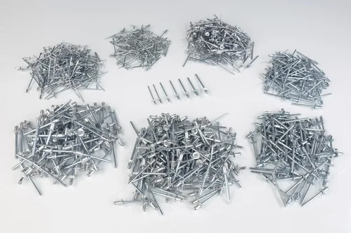 "Rivet assortment, 1000 pieces, in various sizes, aluminum and steel rivets image"
