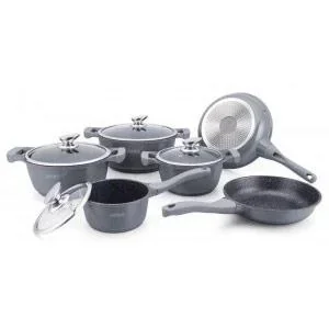 "14-piece marble-coated pan set - With lid - Cooking pot - Frying pan - Grey image"