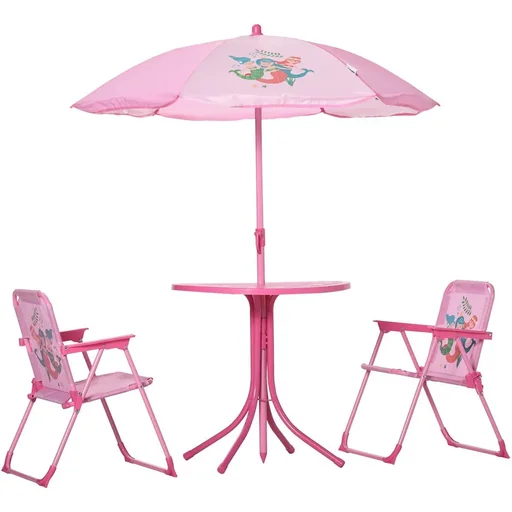 "4 piece children's furniture set garden table 2 folding chairs parasol camping child seat set garden furniture for 3-6 years pink image"