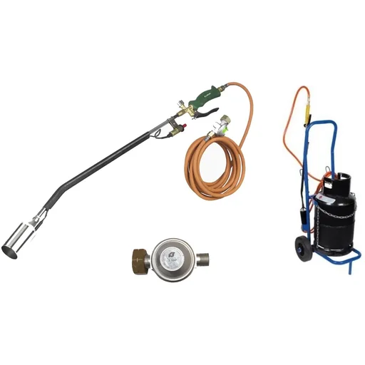 "Weed burner XXL with 5 m gas hose, pressure regulator and Toolland gas bottle trolley image"