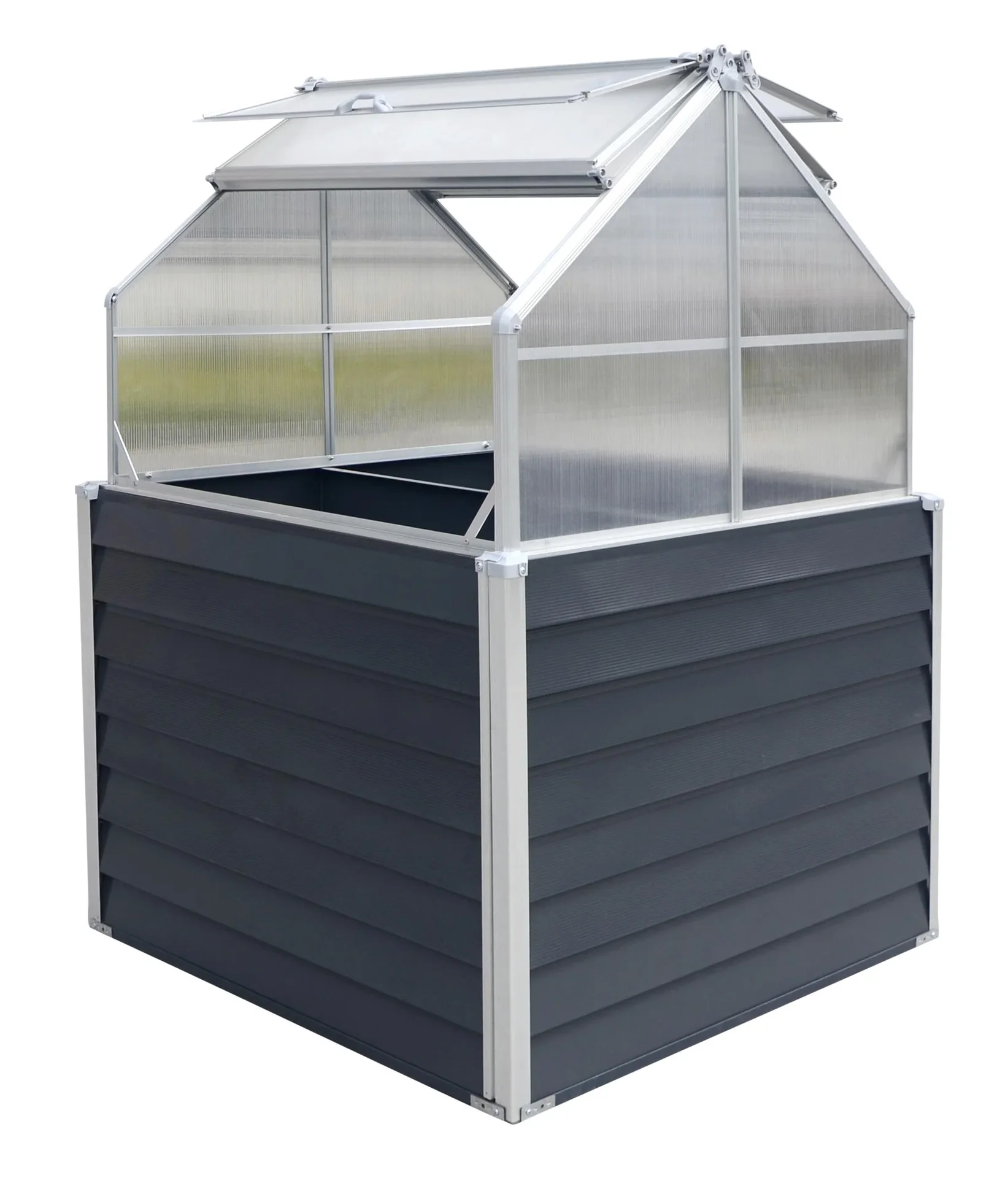 "Westmann Raised Garden Bed Store & Grow, 120×120×167 cm, Anthracite – with Polycarbonate Greenhouse Attachment image"