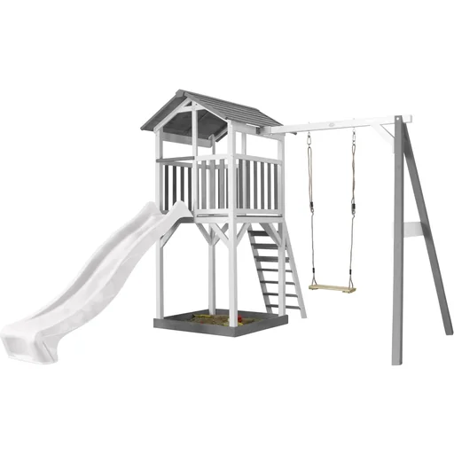 "Beach Tower play tower with single swing - white slide image"