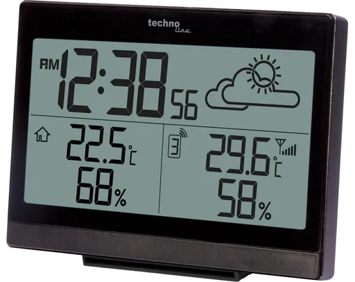 "Radio-controlled clock with weather display + alarm clock including outdoor sensor image"