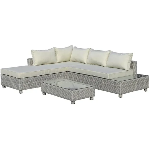 "3-piece polyrattan garden furniture lounge set with side table cushions grey+beige image"