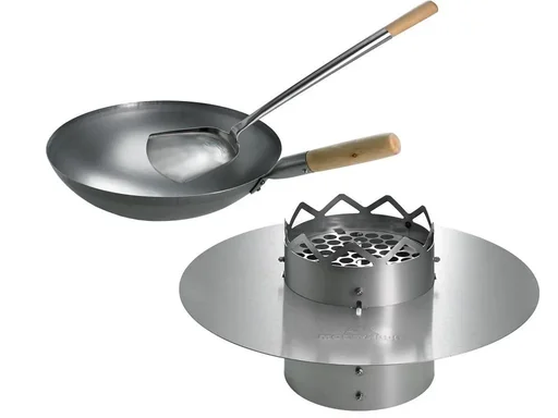 "WOK N BBQ complete package - for kettle grill (60cm) including steel wok, storage ring and wok spoon image"