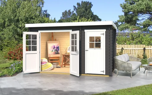 "Garden shed 254 Gr.1, 394 x 246 x 222 cm graphite grey, 28 mm, double door, with 2nd room single door image"