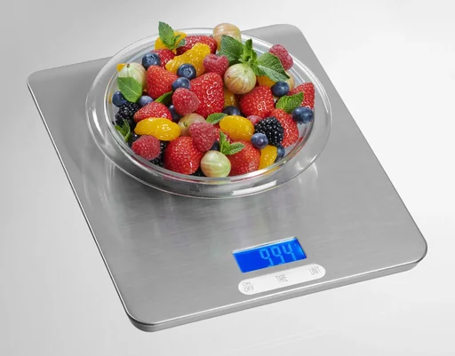 "Kitchen scale, 20 kg, stainless steel with large illuminated display image"