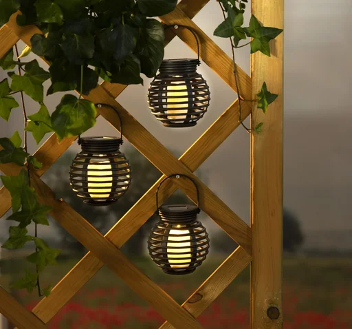 "Solar rattan lanterns with flickering light, set of 3 image"