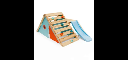 "My First Wooden Playcentre, outdoor playcentre for children made of wood, climbing wall, climbing net, slide, natural image"