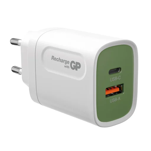 "USB fast charging adapter with 1 x USB-A and 1 x USB-C port including world travel adapter, max. 20 watts image"