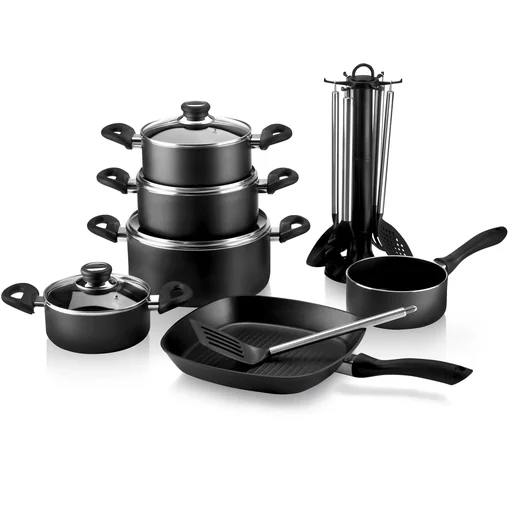 "Cast aluminum cooking pot set, 17 pieces, black image"