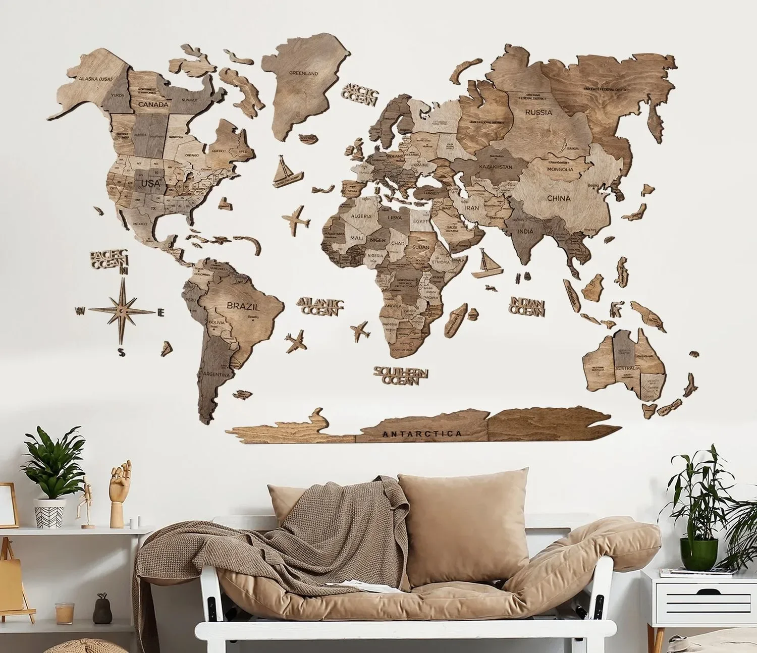 "World map wood, map world, world map wall decoration 3D - Enjoy the Wood, Terra Prime, World map size: XL image"