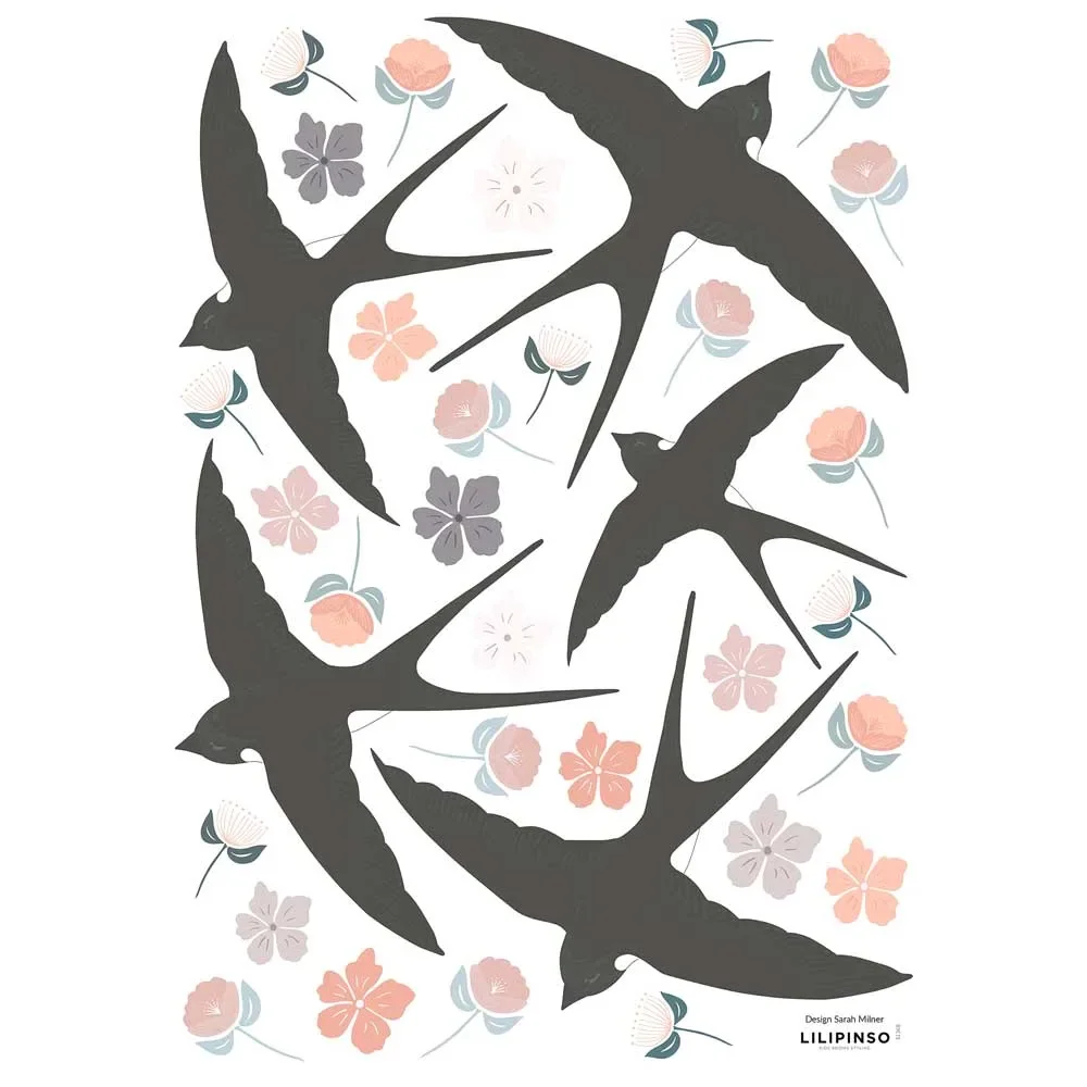 "Lilipinso wall sticker a3 swallows and flowers black pink image"