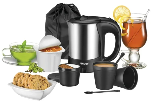 "0.5 L stainless steel kettle, 7-piece set - with 2 drinking cups, coffee spoon and double compartment container image"