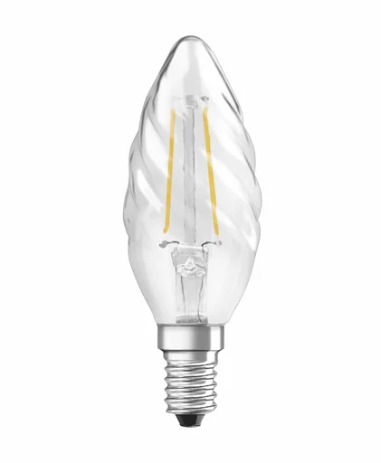 "LED CLASSIC BW25 filament lamp in candle shape with 2.5 watts, E14, warm white, clear image"