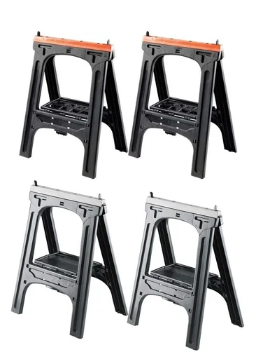 "Plastic all-purpose trestle set of 2, load capacity per trestle 200 kg, orange with perforated storage plate image"