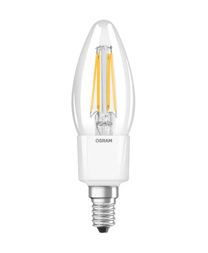 "LED STAR FILAMENT candle with 6 watts, E14, warm white, clear image"