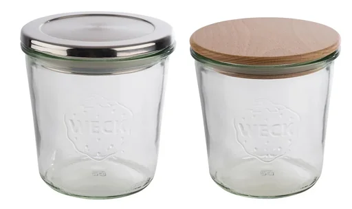 "Weck jars with APS lid, set of 2: 2 jars: Ø11 cm x 11 cm, 580 ml jar + beechwood lid with silicone seal image"