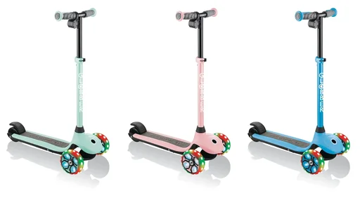 "ONE K E-MOTION 4 PLUS, electric scooter, lithium battery, 80 W motor, 125/90 mm, 3-wheeled, LED wheels, light blue image"