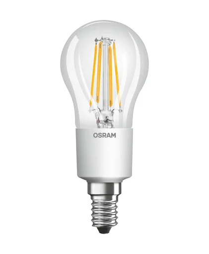 "LED STAR FILAMENT drop lamp with 6.5 watts, E14, warm white, clear image"