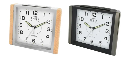 "Quartz alarm clock with Cresendo alarm, wood image"