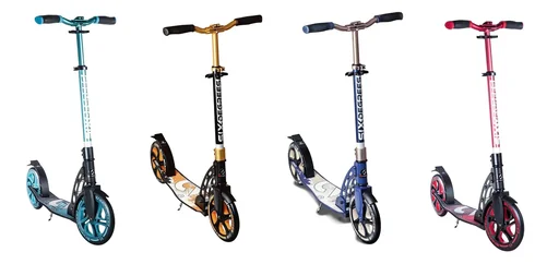 "Aluminum scooter with folding mechanism and stand, 230/215 mm, ABEC 7, height adjustable, gold image"