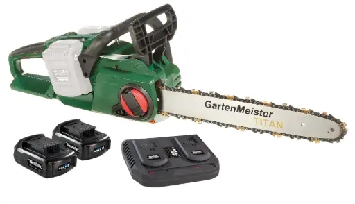 "Set cordless chainsaw + 2 x 2 Ah batteries + double fast charger image"