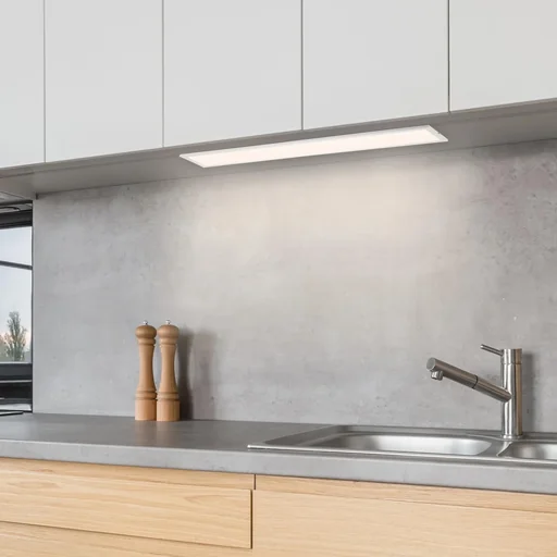 "LED under-cabinet light panel with color change and memory function, dimmable image"