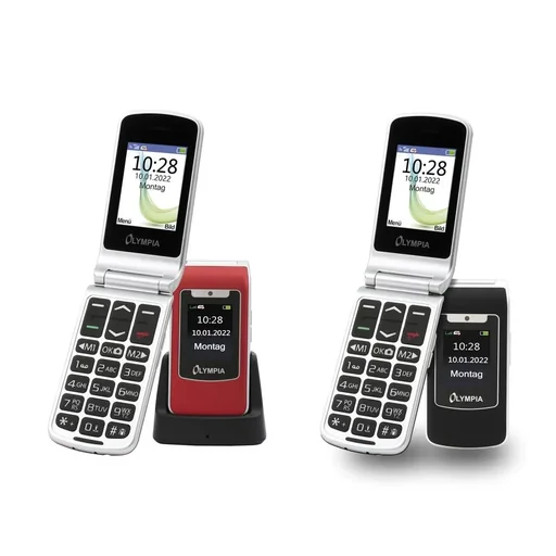 "Large-button flip phone 4G with emergency call button, USB-C port, red image"