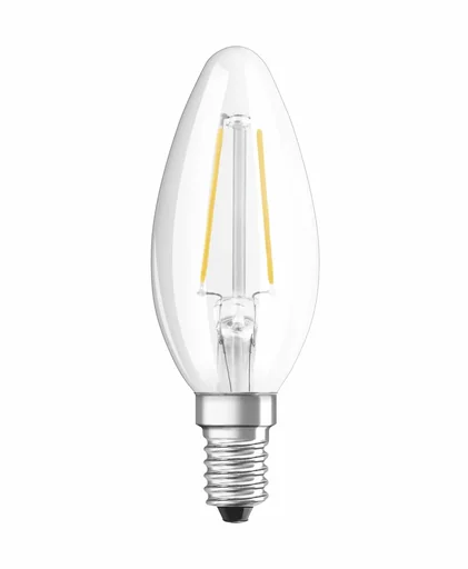 "LED CLASSIC B25 filament lamp in candle shape with 2.5W E14, warm white, clear image"