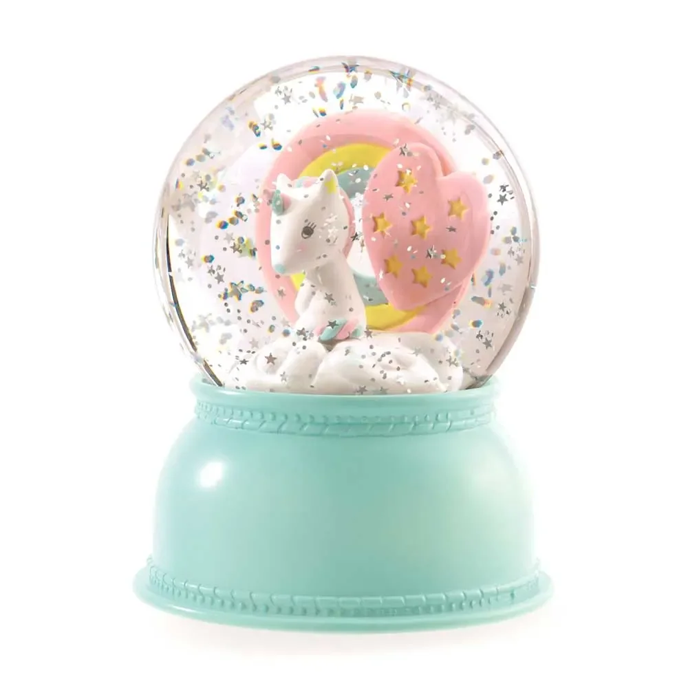 "Djeco night light snow globe unicorn image"