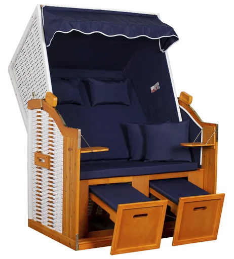 "Beach chair "Ostsee" plain blue solid wood frame / weatherproof artificial rattan (white) image"
