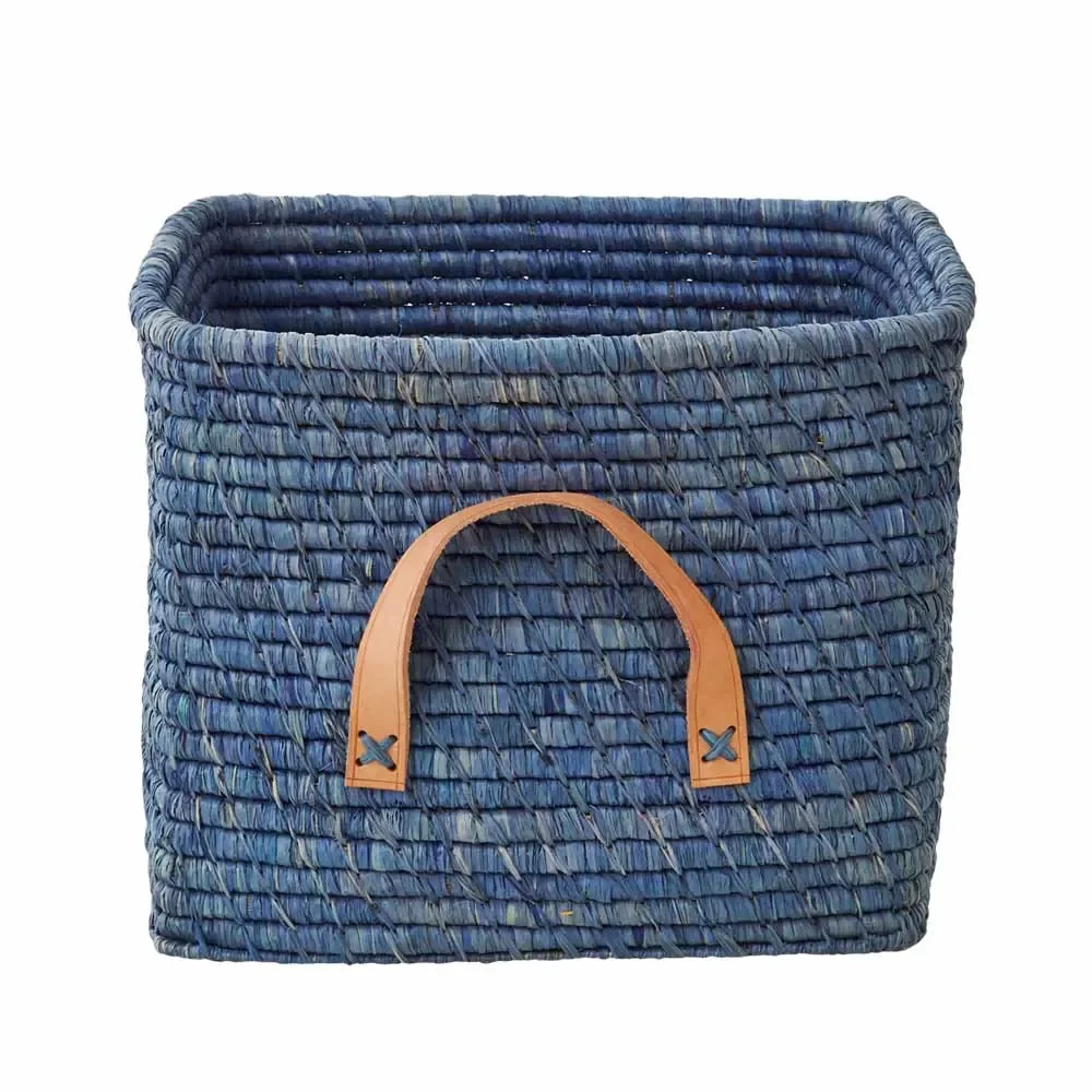 "Rice Bast basket leather handles blue 30 x 30 image"